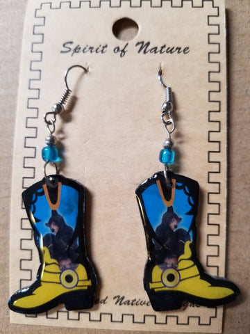 Cowboy boot earrings - Hand painted yellow base with black bear