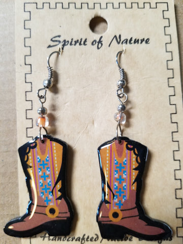 Hand painted Cowboy boot earrings with a tan base