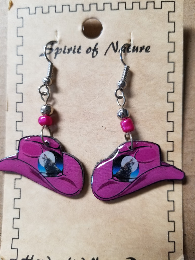 Varying Colors - Hand painted brown, fuchsia or blue hat earrings with howling wolf at the moon