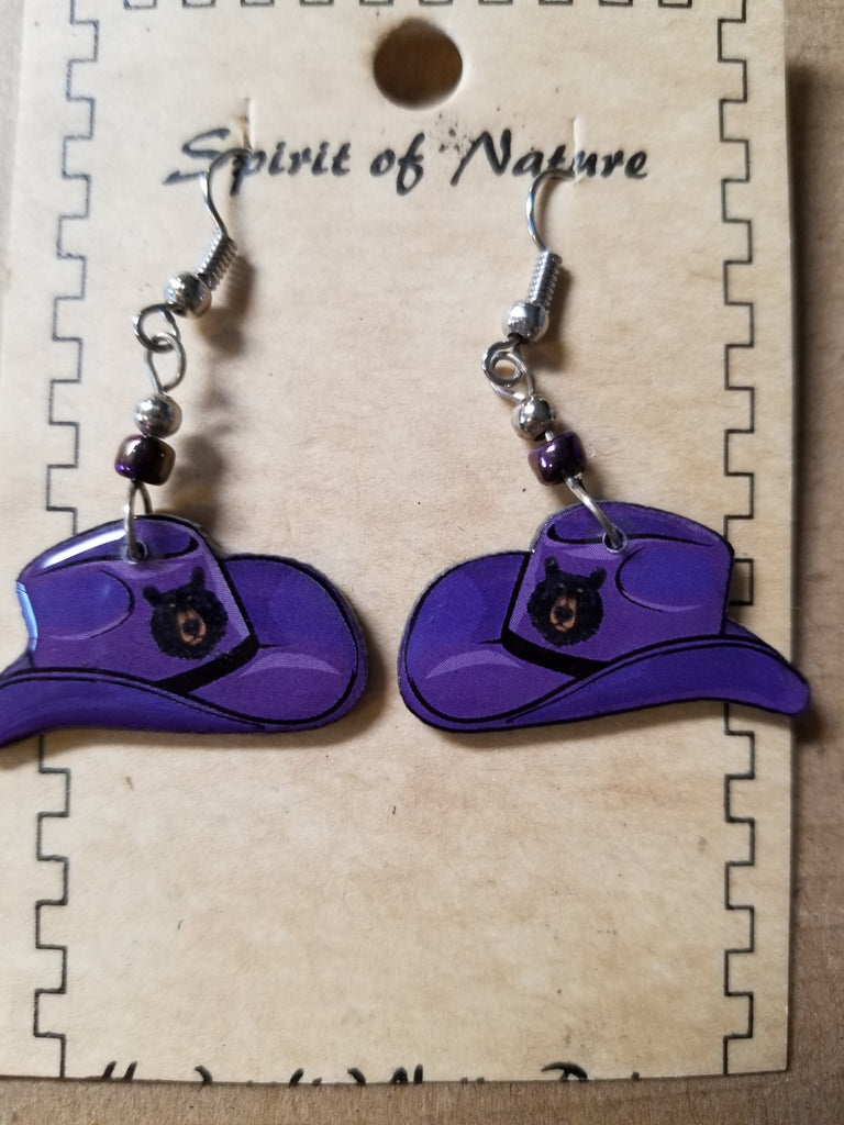Hand painted amber or deep purple hat earrings with black bear