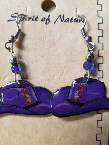 Hand painted deep purple hat earrings with native Kokopelli