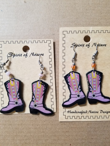 Hand painted lavender cowboy boot earrings