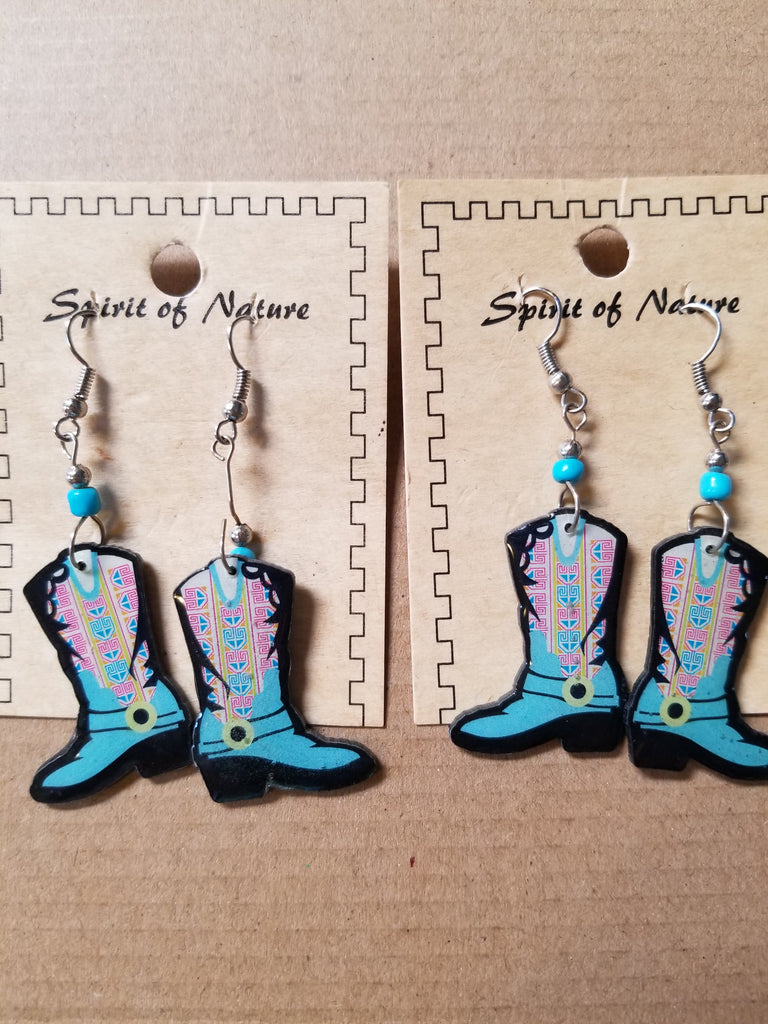 Hand painted light blue cowboy boot earrings
