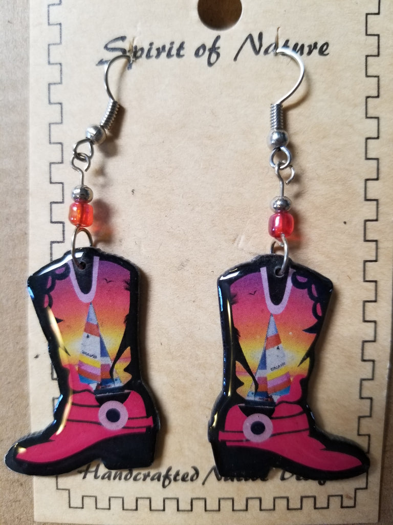 Hand painted cowboy boot earrings with a sail boat