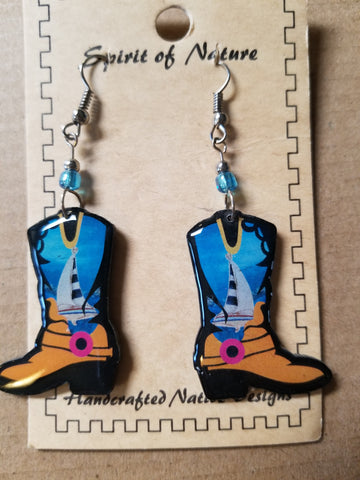 Cowboy boot earrings - Hand painted tan base with sailboats and blue skies -