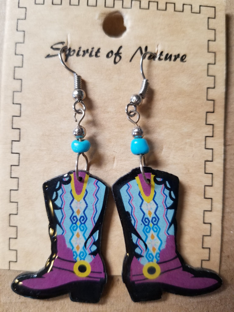 Hand painted Cowboy boot earrings with purple base and blue and yellow uppers