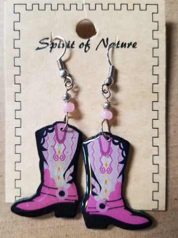Hand painted Cowboy boot earrings with a dark pink base
