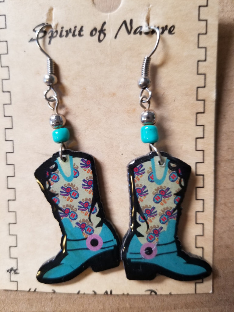 Hand painted Cowboy boot earrings with a blue base