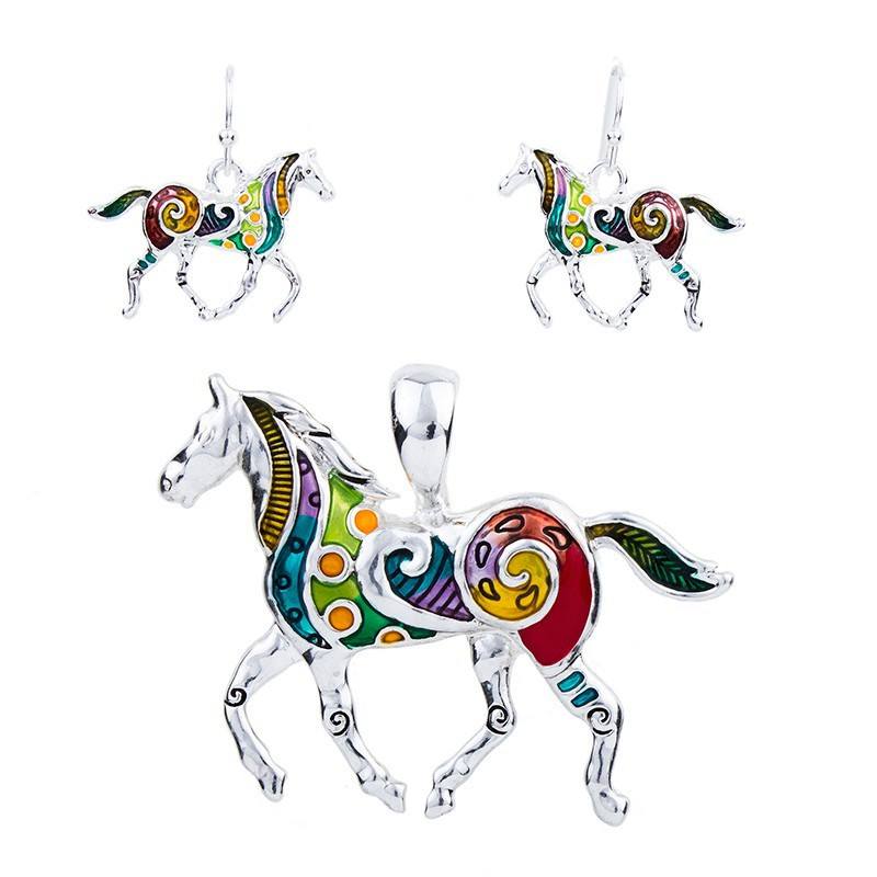 Colorful Horse Pendant Necklace & Earrings Set - Zana Horse - 1