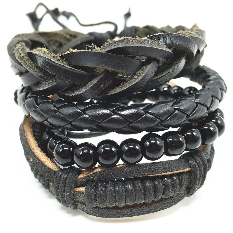 4pcs 1 Set Punk Genuine Wrap Leather Bracelets Men For Women Cuff Jewelry Accessories Wholesale - Zana Horse - 5